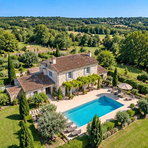 Illustrative aerial photograph of a countryside property and swimming pool